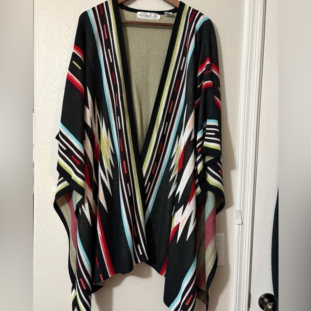 Rancho Estancia Knit‎ Poncho, Cape. Soft Viscose Knit. Multicolor on Black.